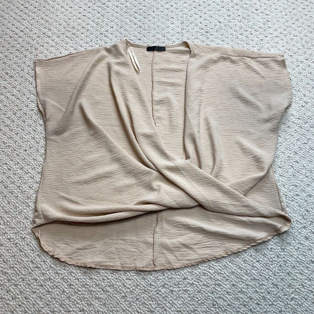 Saints 21 Blouse Top Womens Large Beige Short Sleeve Gathered Polyester Shirt